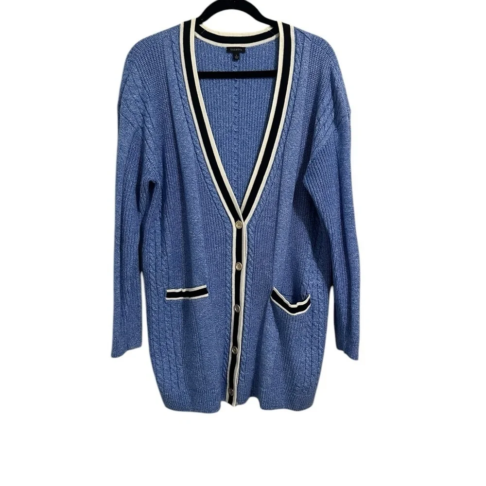 Talbots Iris Blue Cable Knit Tipped Girlfriend Cardigan Sweater Size L Preppy